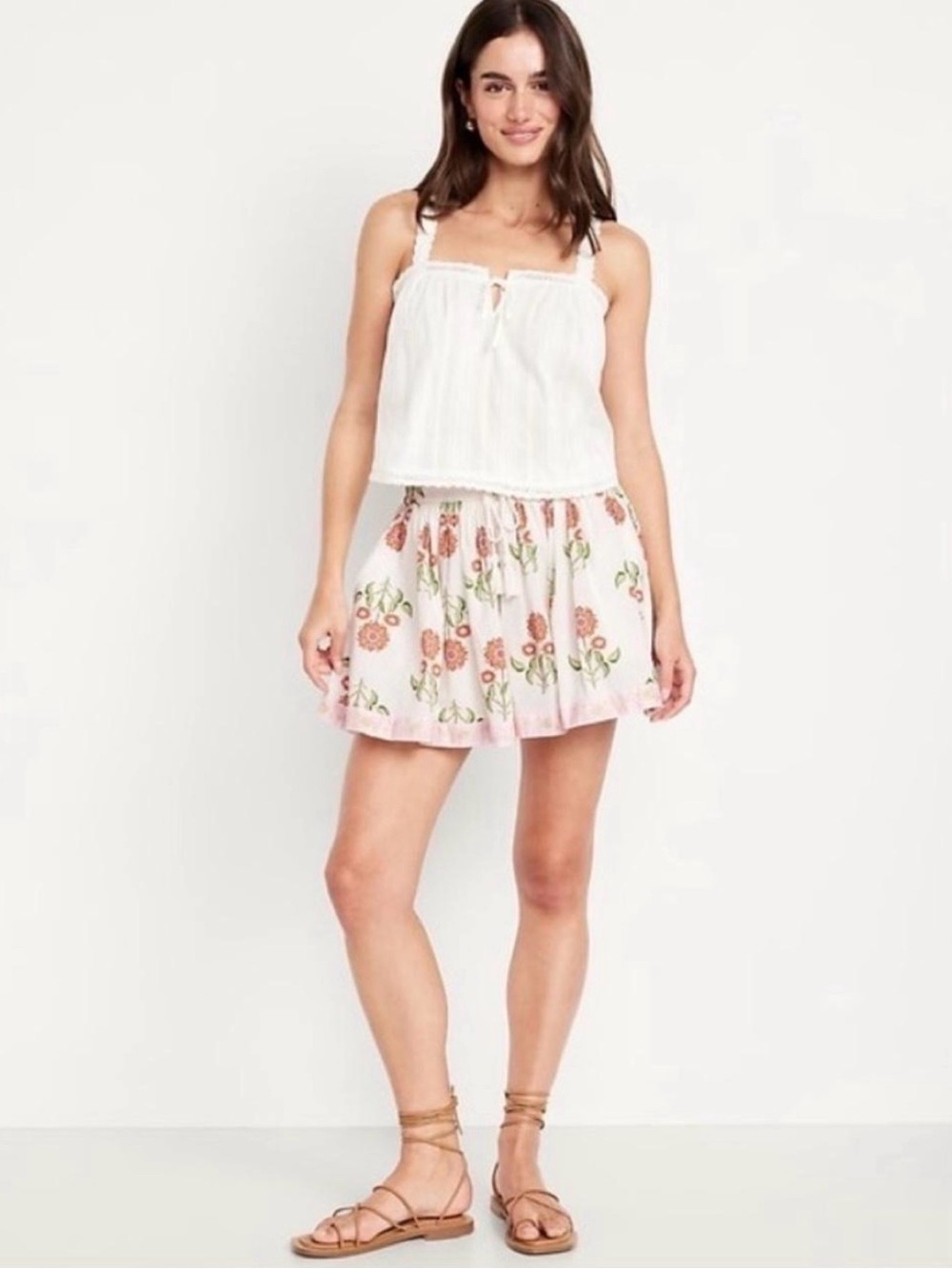 Old Navy White Floral Drawstring Skort with Orange and Green Print
